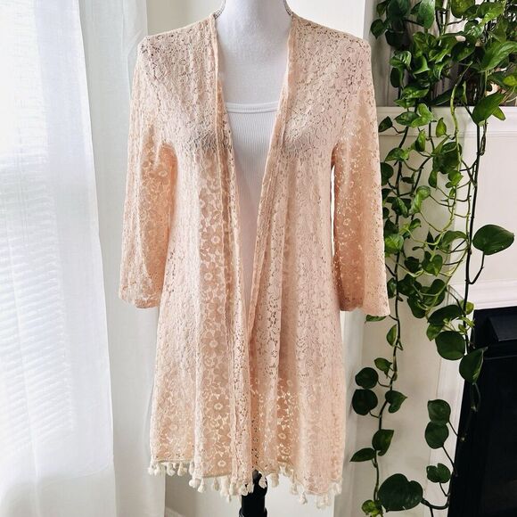 Espresso Blush Pink Lacy Floral Fringed Boho Long Lightweight Cardigan Blouse M - Picture 1 of 9